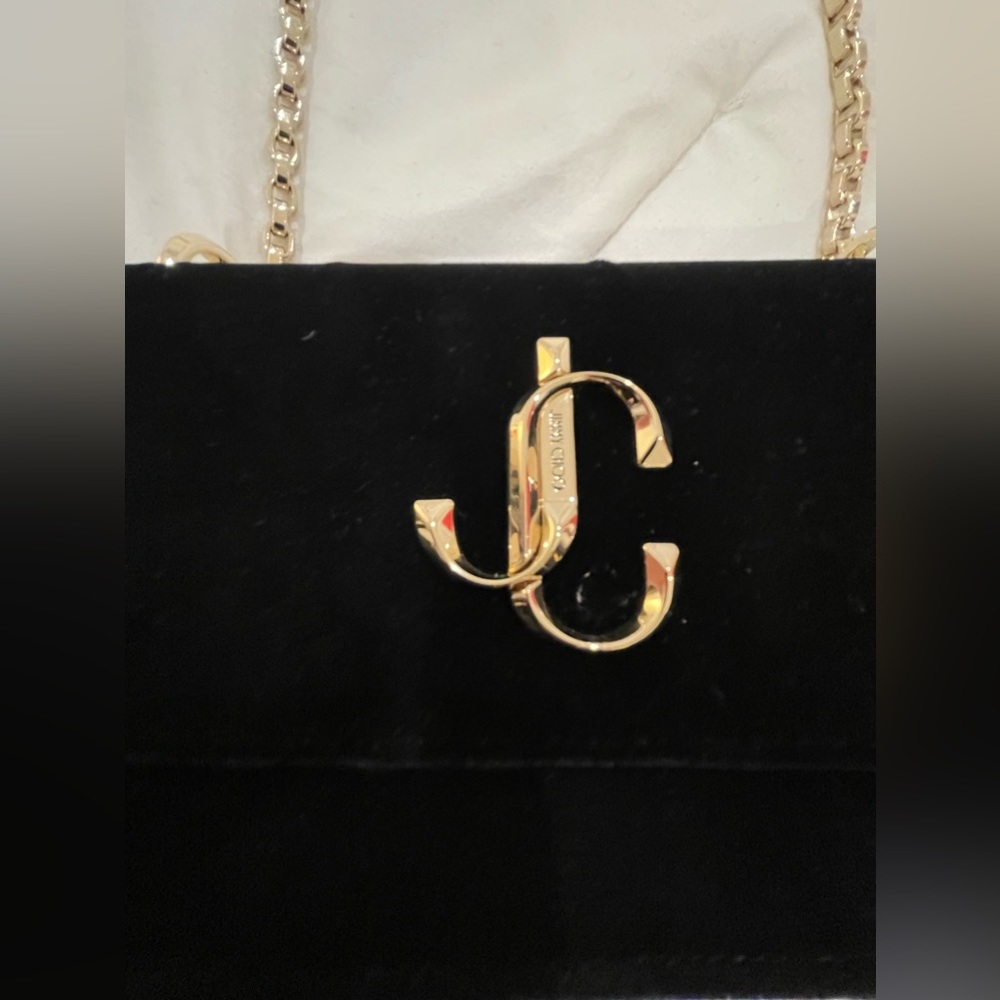 Jimmy Choo velvet clutch with extra long gold chain